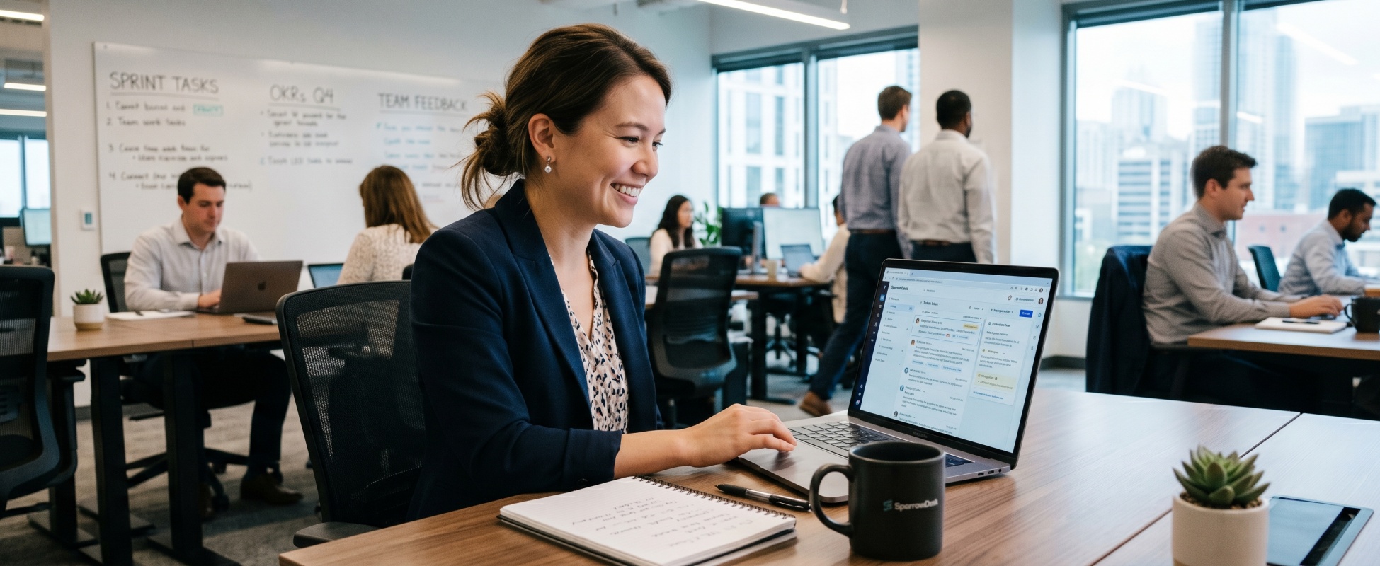 Smiling customer support team lead in navy blazer managing SparrowDesk help desk ticket inbox on laptop in bright startup office with team working in background