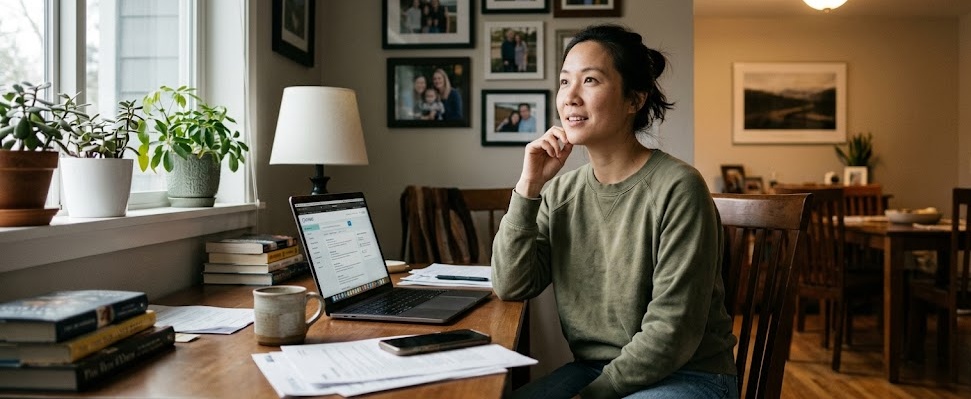 Woman sitting thoughtfully at a home desk with a laptop open to a people search platform, coffee mug and documents nearby