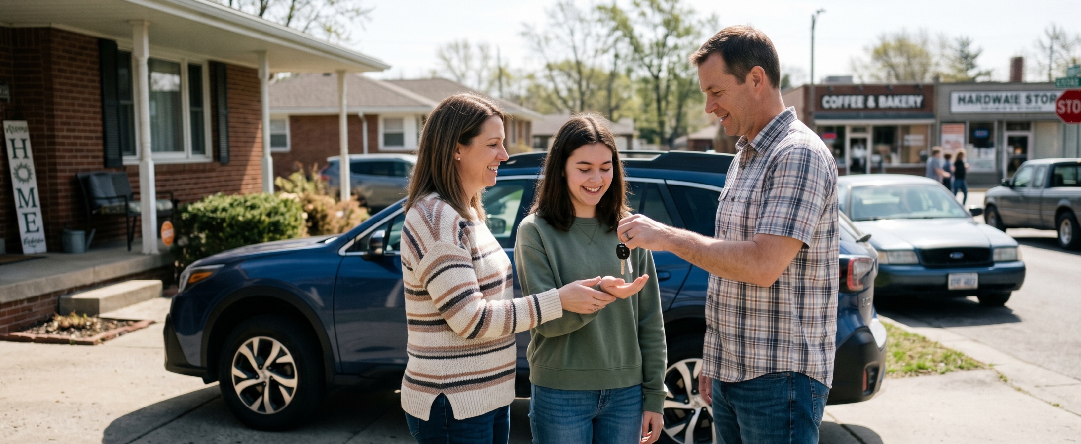 Smiling parents handing car keys to their teenage daughter in front of a family SUV in a suburban neighborhood driveway