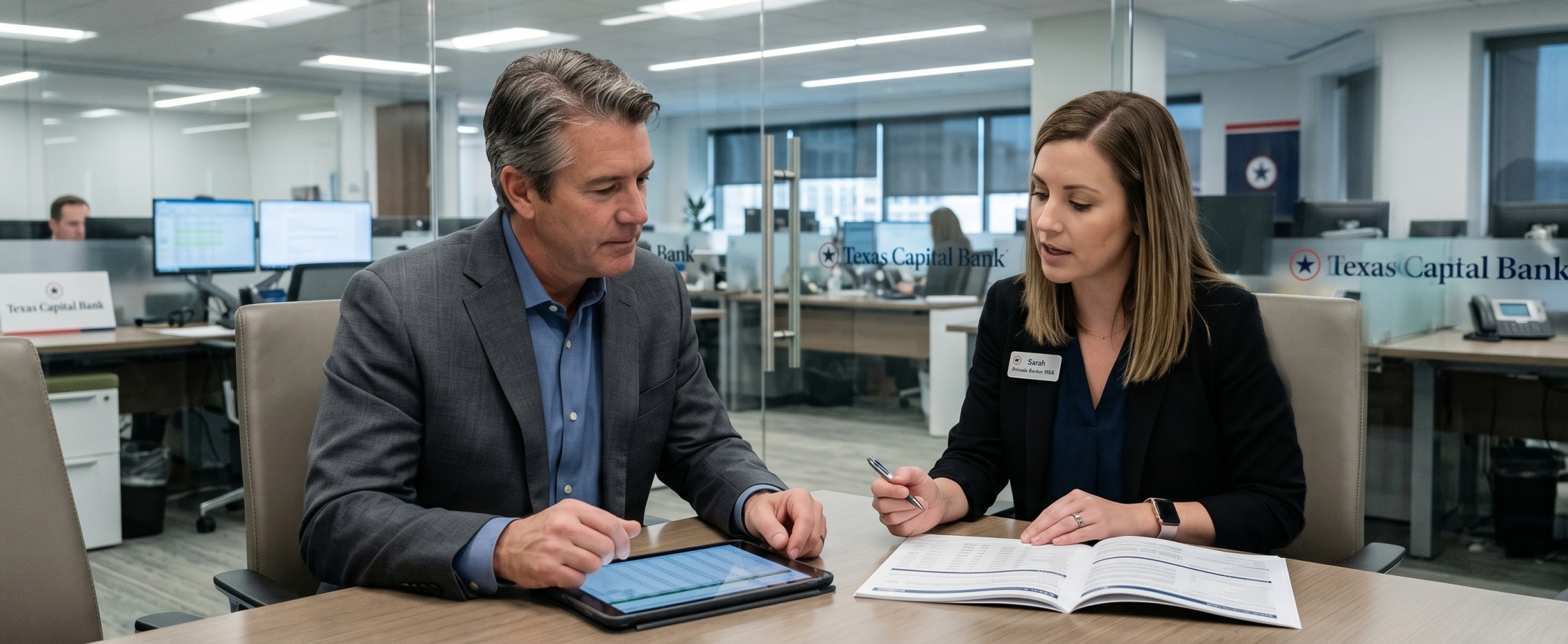 Texas Capital Bank private banker consulting with a business client over financial documents and a tablet in a modern bank office