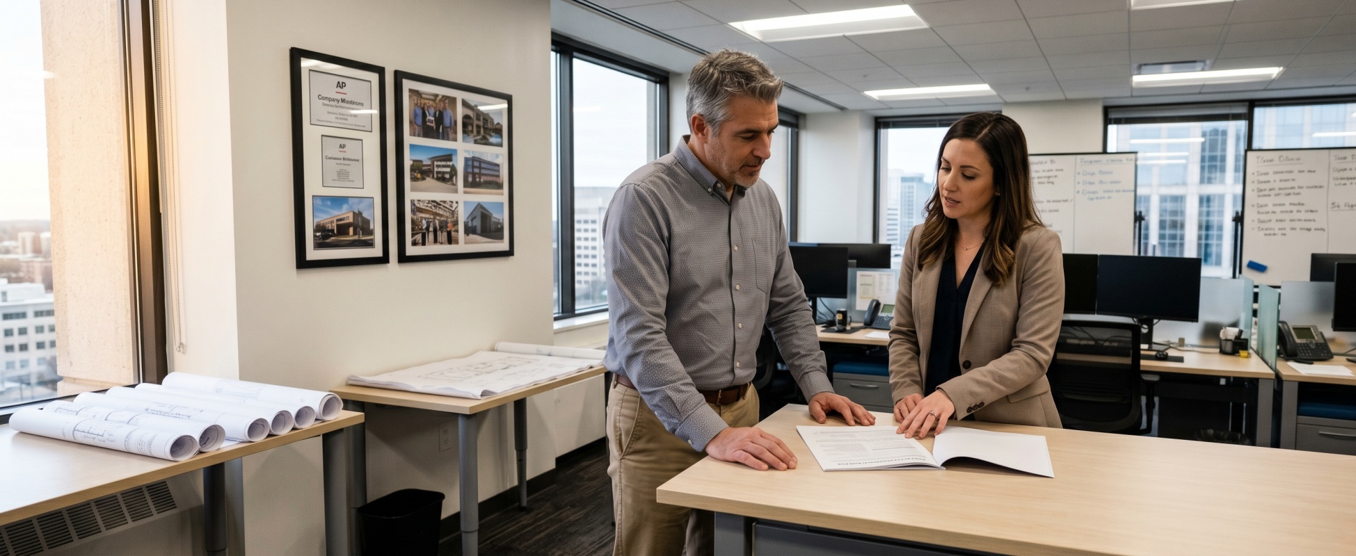 Mid-sized contracting business owner reviewing business insurance policy with female agent in modern office, with blueprints and company milestone photos visible in the background