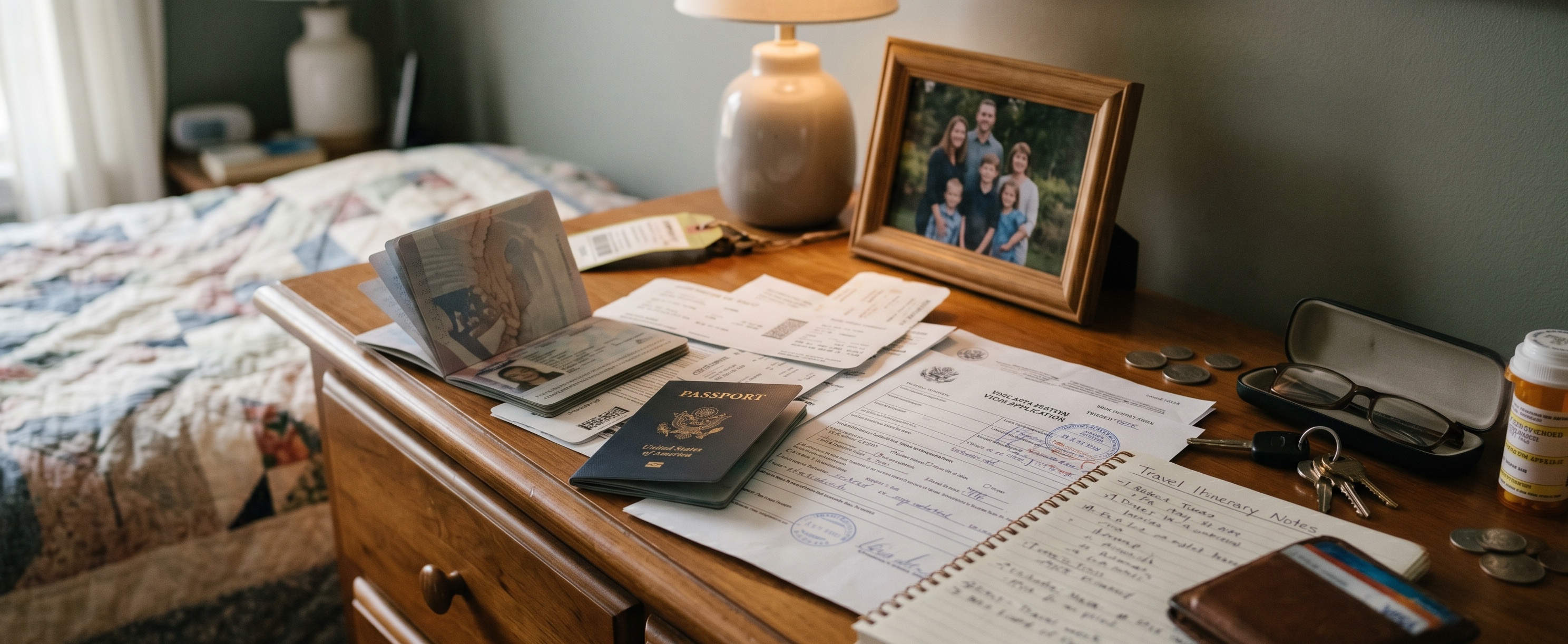US passport, visa application, travel itinerary notes, keys, and wallet spread across a bedroom nightstand with a family photo in the background