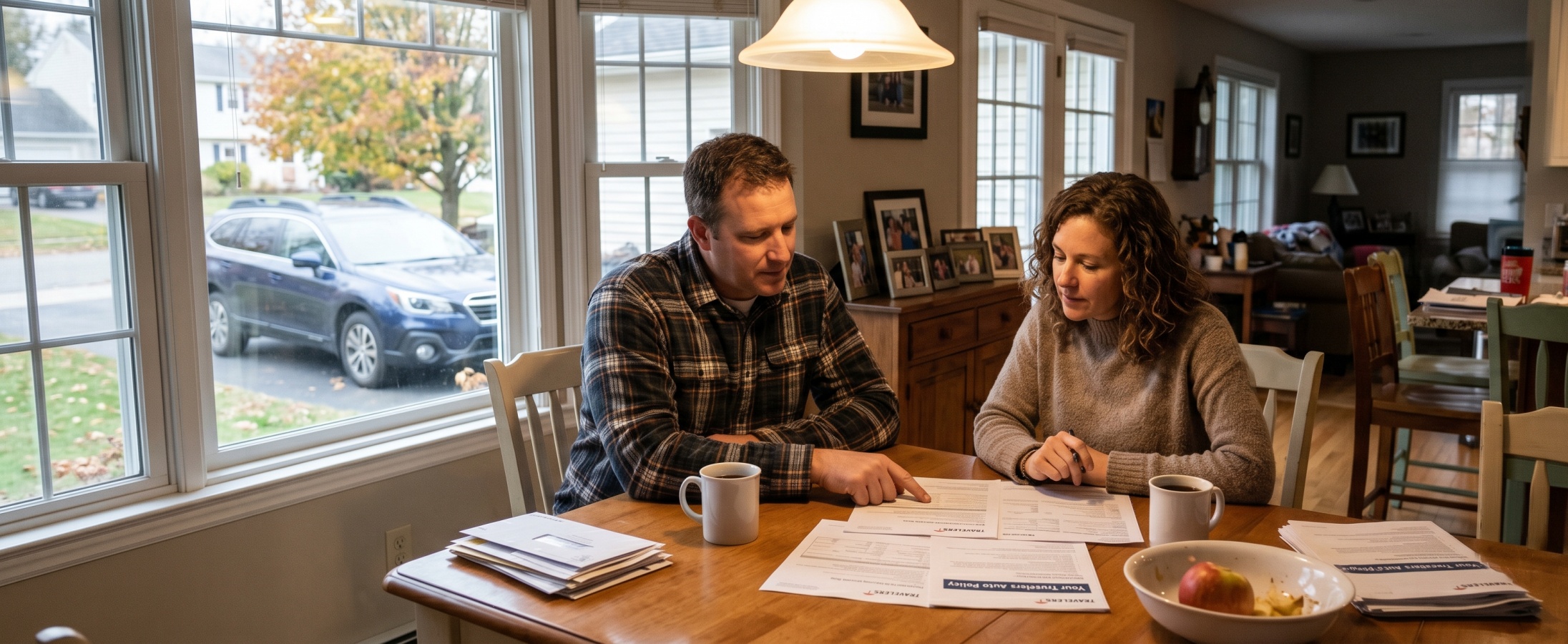 Couple reviewing Travelers auto policy documents at a kitchen table with their car visible through the window and a suburban home in the background
