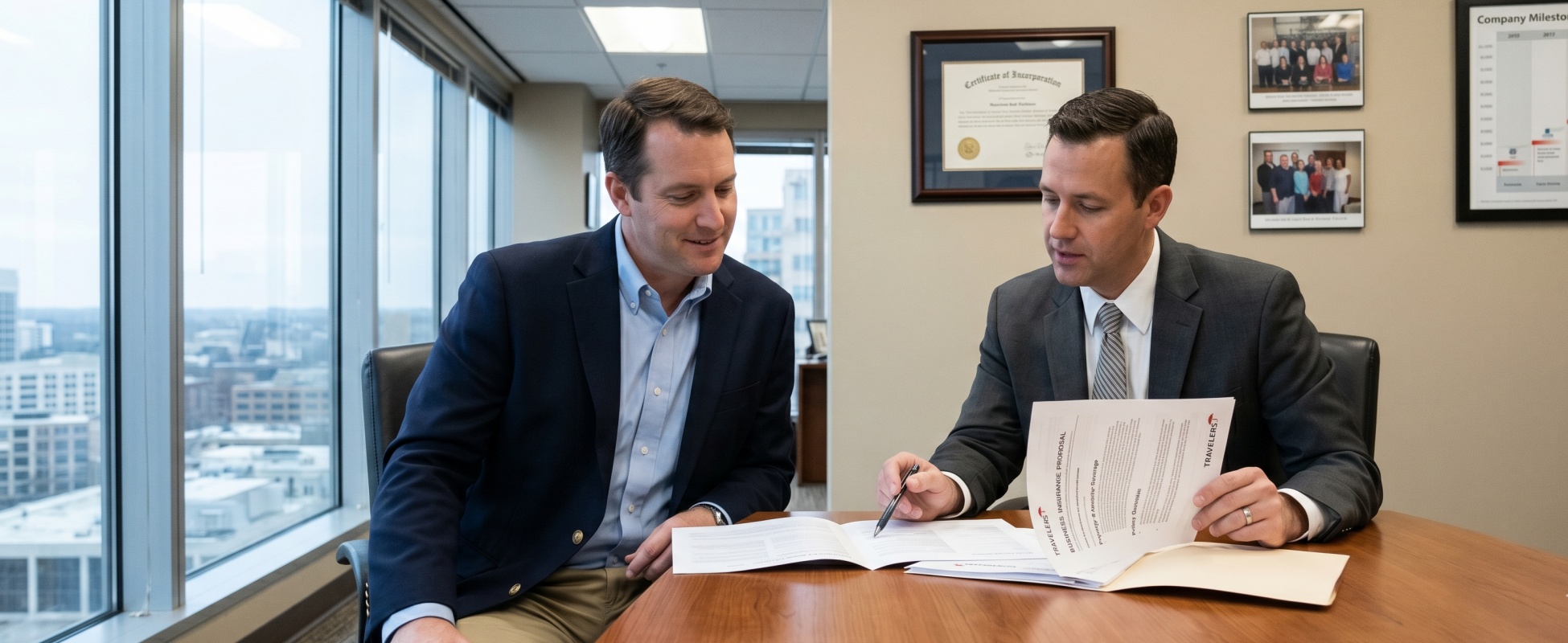 Small business owner in navy blazer reviewing Travelers business insurance proposal with agent in suit at corporate office conference table, with framed certificate of incorporation in background