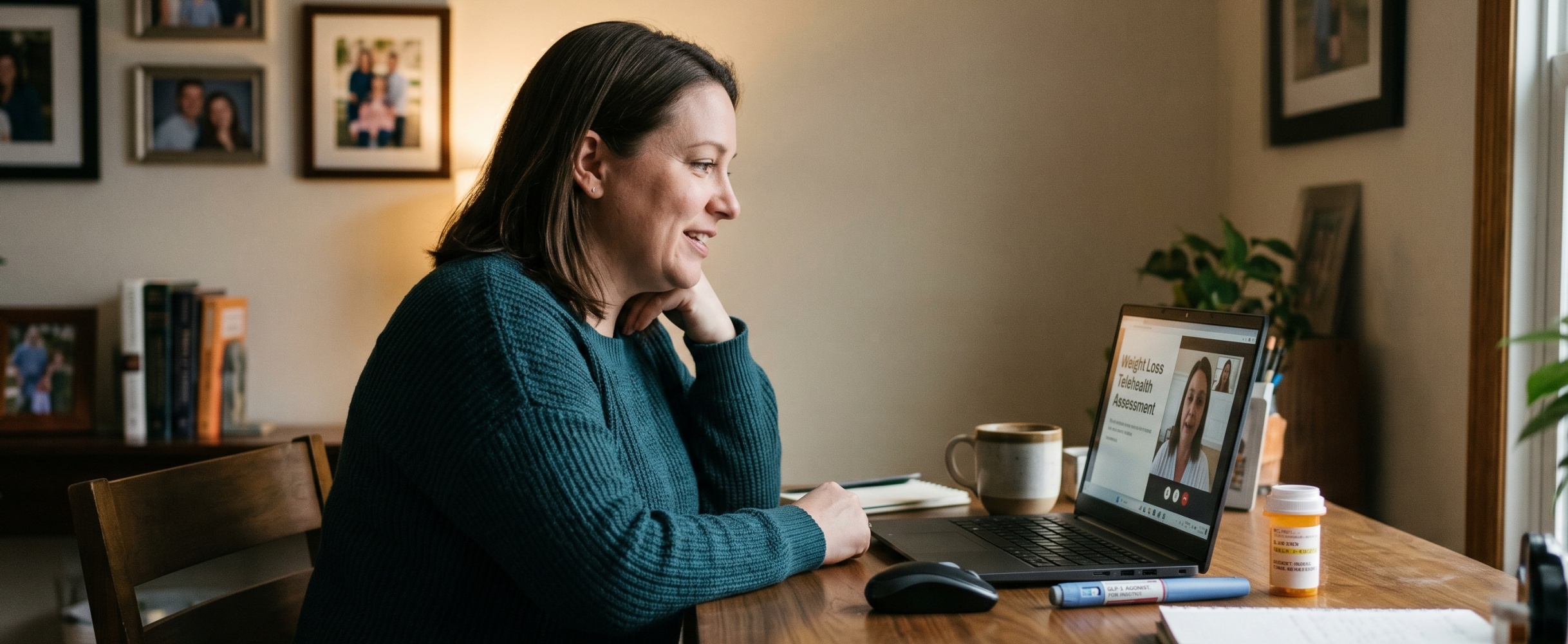 Smiling woman attending a weight loss telehealth assessment on a laptop at a home desk with a GLP-1 medication pen and prescription bottles nearby
