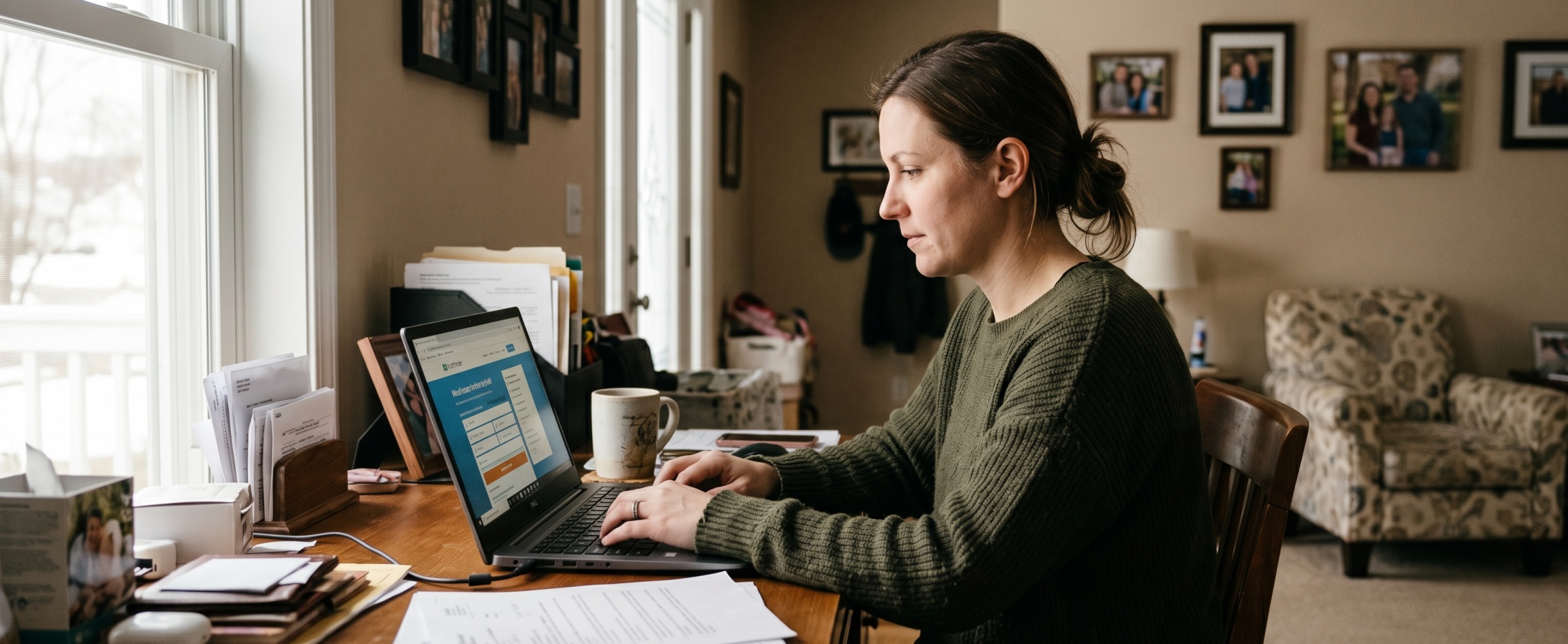 Focused woman running a background check search on Truthfinder on a laptop at a cluttered home desk with family photos on the wall
