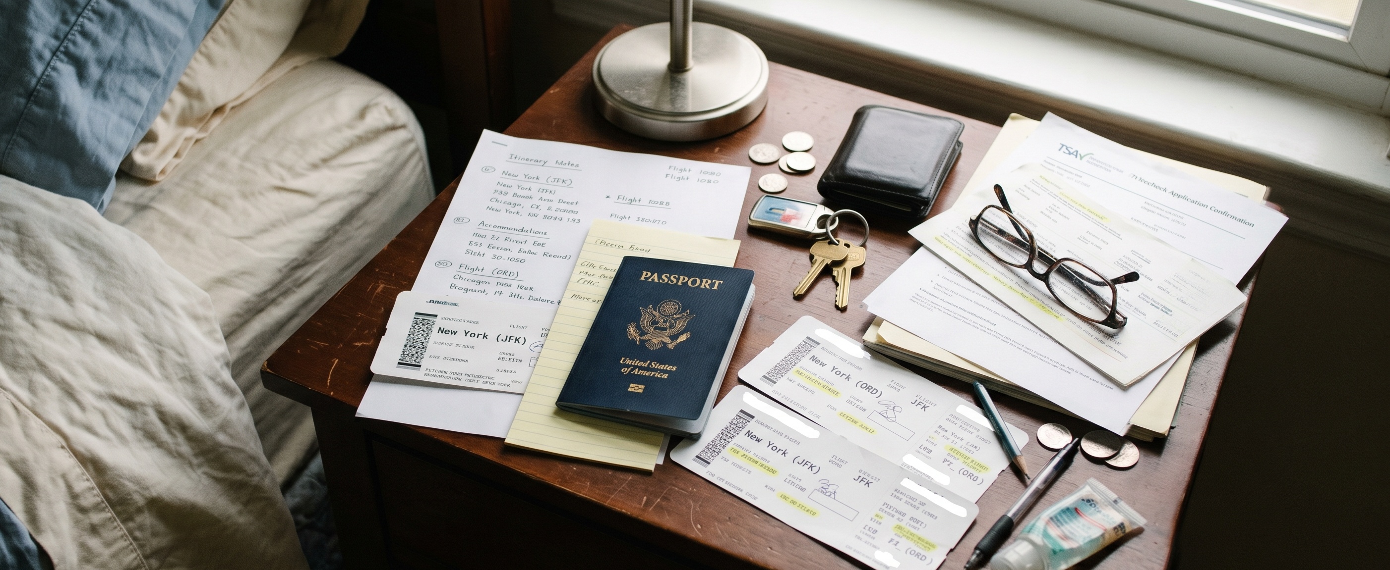 S passport, boarding passes, TSA PreCheck application confirmation, itinerary notes, and keys spread across a bedroom nightstand before a trip