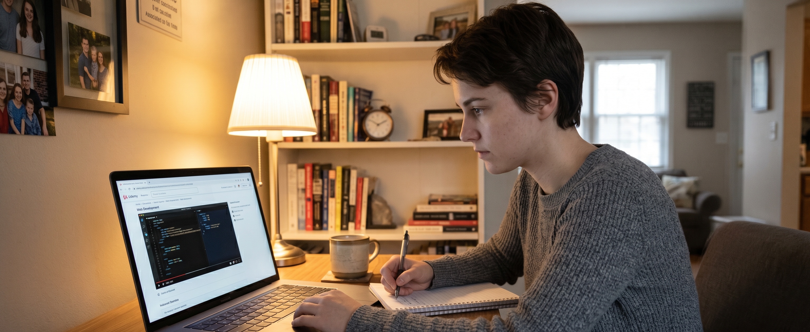 Focused young learner in gray sweater taking handwritten notes while watching a Udemy web development course on laptop in cozy home setting