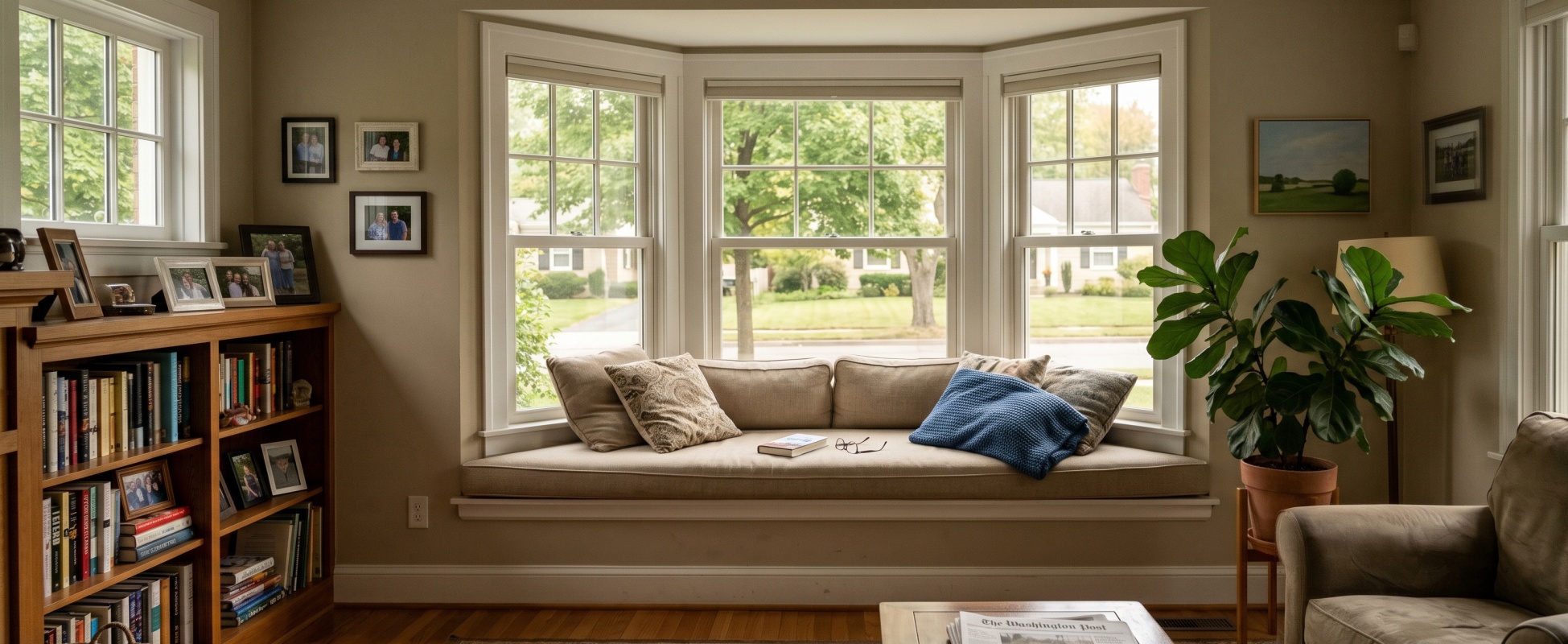 Large white bay window with three panels and cushioned window seat in cozy suburban living room, overlooking green front yard and tree-lined street