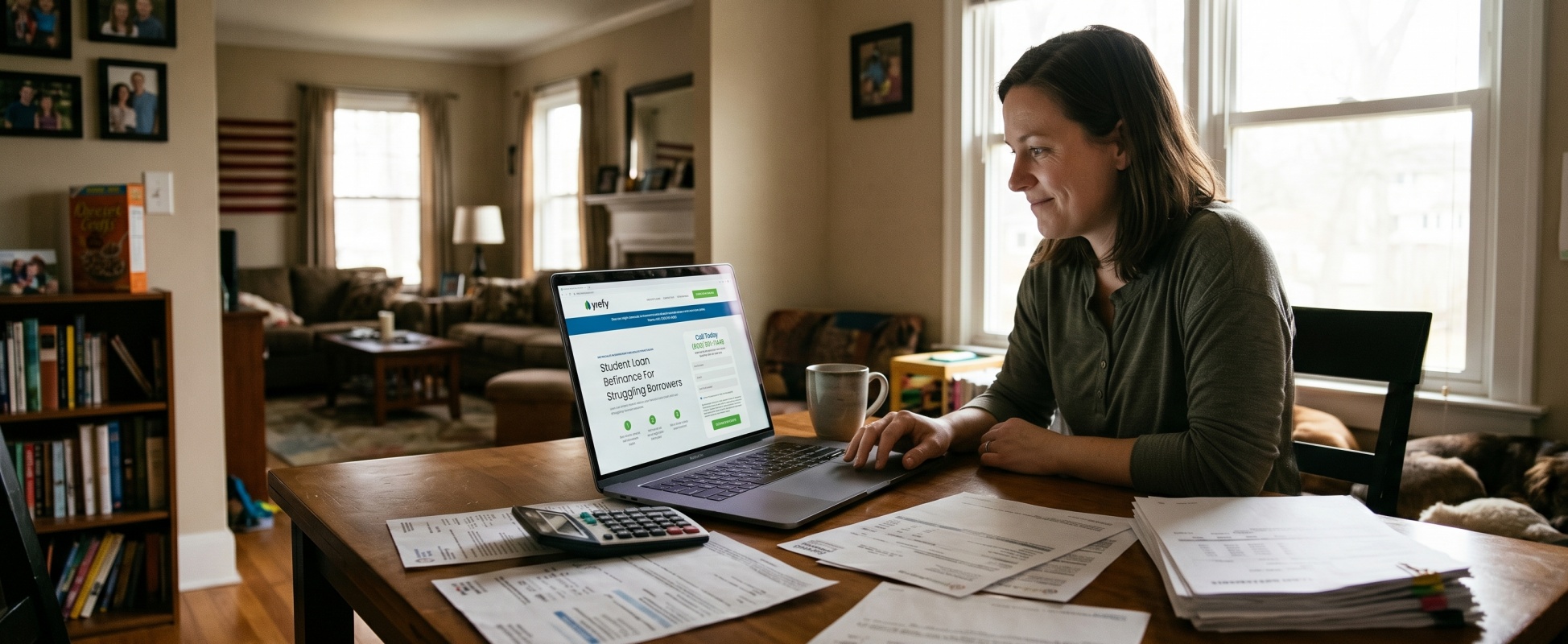 Woman reviewing the Yrefy student loan refinance website on a laptop at a home dining table surrounded by financial documents and a calculator