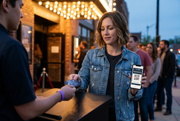 Woman using a cash back credit card to enter a concert venue, holding her phone ticket at the door