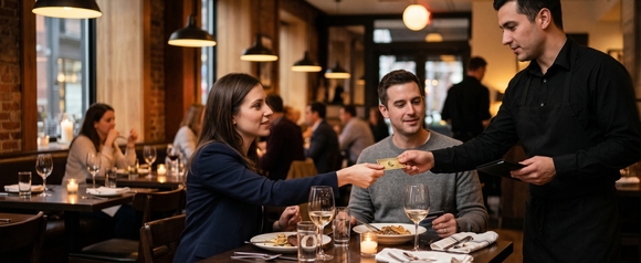 Woman in navy blazer handing a gold credit card to a waiter in black uniform at a candlelit upscale restaurant, with her partner seated across the table and plates of food and wine glasses between them