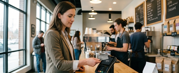 Young professional in beige blazer tapping her Capital One Quicksilver credit card on a contactless payment terminal at a busy coffee shop counter, with baristas working at the espresso machine in the background
