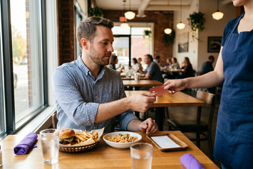 A diner hands a cash back credit card to a server at a casual restaurant table with a burger and pasta.