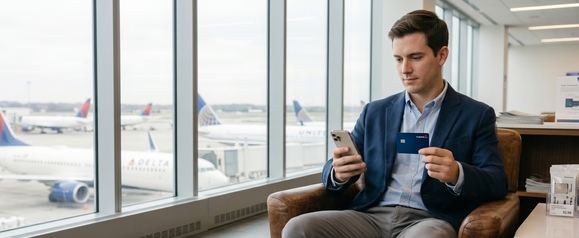 Young traveler in navy blazer holding a blue Capital One Venture credit card in one hand and his smartphone in the other while sitting in a leather chair at an airport gate, with parked airliners visible through floor-to-ceiling windows