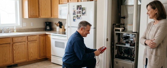 Smiling home repair technician in a plain navy work shirt kneeling and using a multimeter to inspect a residential furnace unit inside a tidy American kitchen, an open red toolbox on the tile floor beside him, with a homeowner in a beige cardigan standing nearby smiling