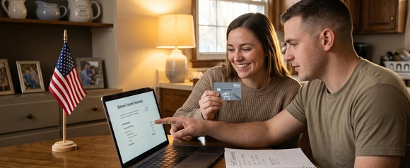 Smiling military couple reviewing a Balance Transfer Summary on a laptop at their kitchen table, with the wife holding a Navy Federal Platinum credit card and the husband pointing at the screen, a small American flag and family photos on a shelf in the background