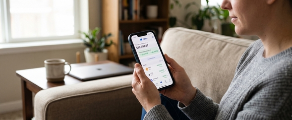 Woman in a gray sweater sitting on a sofa at home holding a smartphone showing the Nexo app dashboard with total account balance, interest earned, and BTC and ETH assets, with a coffee mug and laptop softly blurred on the side table behind her