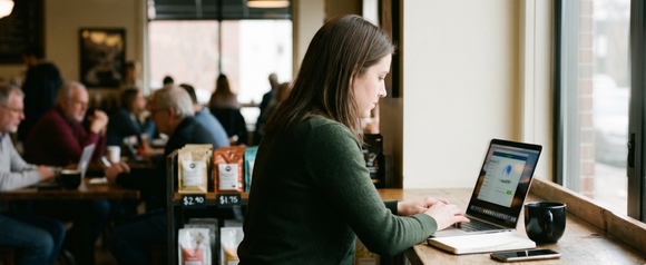 Young woman in a green sweater working on a laptop at a window counter inside a busy coffee shop, the laptop screen showing the NordVPN app open with the Quick Connect screen, a coffee mug and smartphone beside her, with other patrons softly blurred in the background