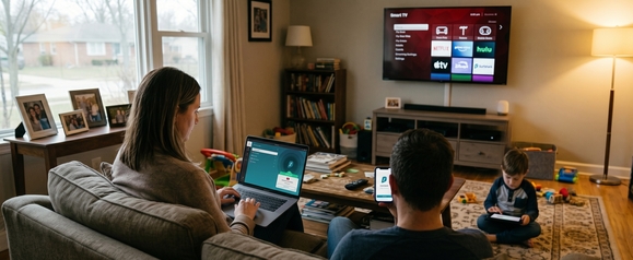 Mother on a sofa using a laptop showing the Surfshark VPN app, a father beside her holding a smartphone with the Surfshark app open, and a young child on the rug with a tablet, with a smart TV on the wall displaying streaming app icons including the Surfshark icon, in a cozy family living room