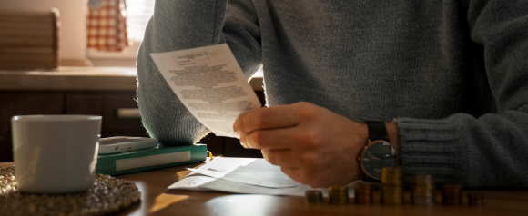 Man reviewing a financial document at a kitchen table with stacked coins, a notebook, and a cup of coffee nearby, reflecting a personal budgeting moment related to debt relief solutions like those provided by ClearOne Advantage.