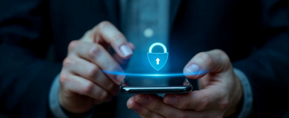 Person in a dark suit holding a smartphone with a glowing digital padlock and upward arrow icon hovering above the screen. The image represents data control and privacy features offered by consent management platforms like MineOS.