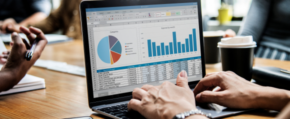 Close-up of a person analyzing marketing budget data on a laptop showing a pie chart labeled 