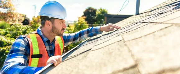 A construction worker wearing a blue hard hat, safety vest, and plaid shirt inspects asphalt shingles on a residential roof in bright daylight. The image illustrates the hands-on expertise and attention to detail provided by Bone Dry Roofing.