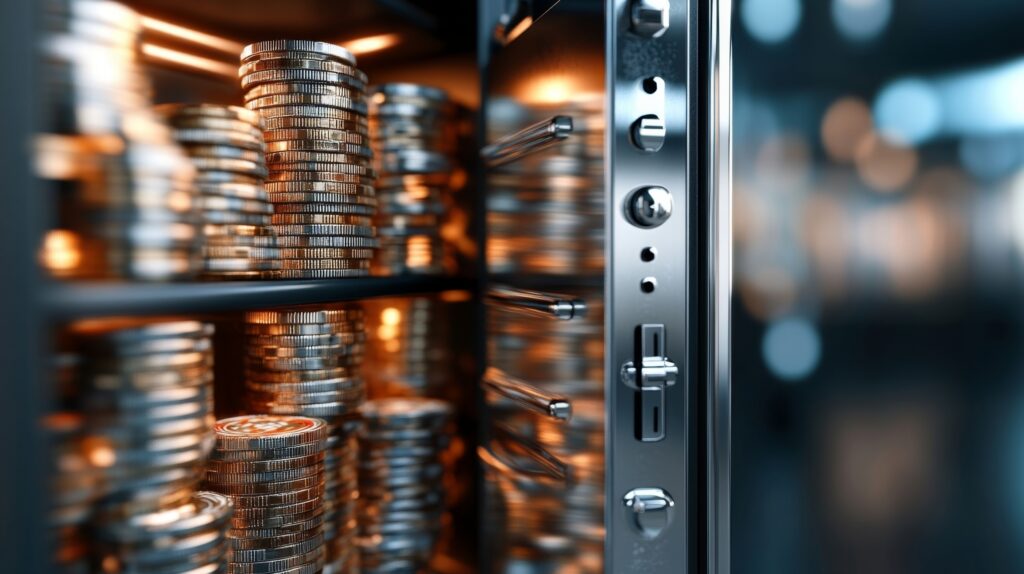 Stacks of physical gold coins stored securely inside a modern, high-tech vault for a Gold IRA.