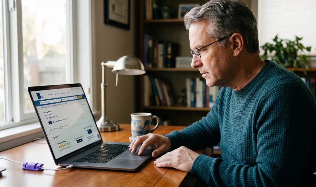 Man wearing glasses reviewing the Alleviate Tax LLC BBB listing on a laptop, showing the A+ accreditation badge and customer star rating
