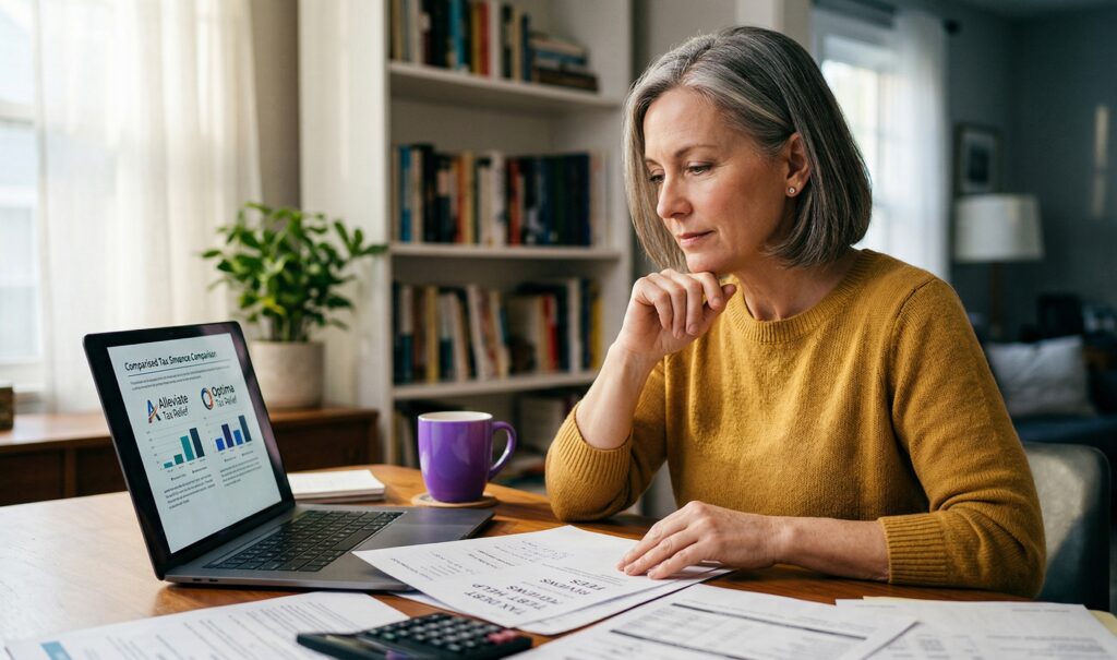Woman with gray hair sitting at a desk reviewing an Alleviate Tax Relief and Optima Tax Relief comparison chart on a laptop with tax documents nearby
