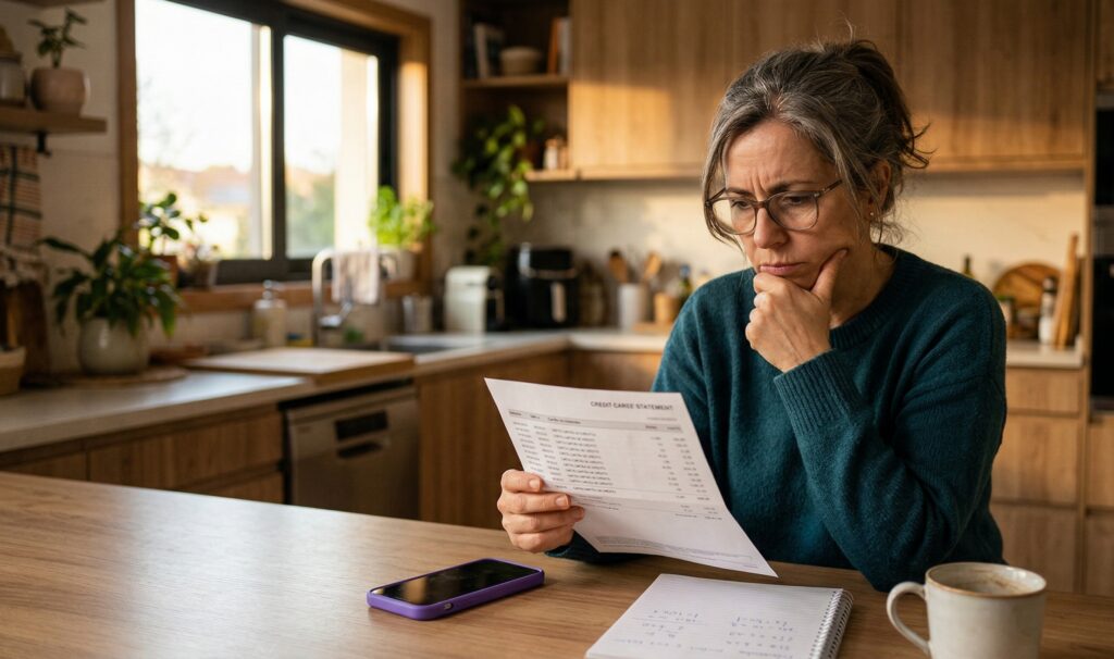 Worried woman with glasses reviewing a credit card statement at her kitchen counter, with a notebook of handwritten calculations and coffee nearby