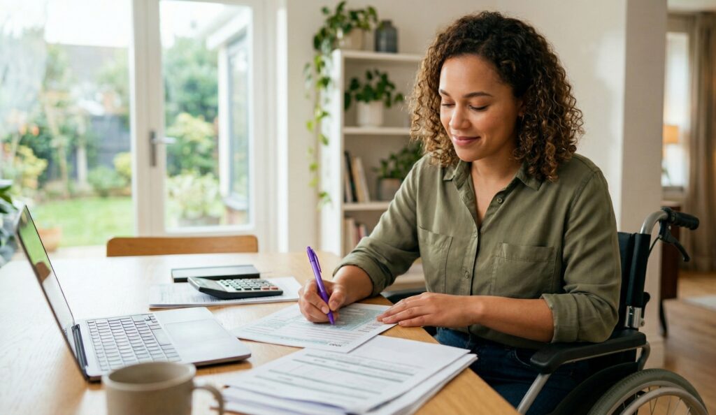 Smiling young woman in a wheelchair filling out a tax form at a home desk with a laptop and calculator nearby