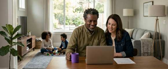 Couple reviewing their Trust and Will estate plan on a laptop at home while children play in the background