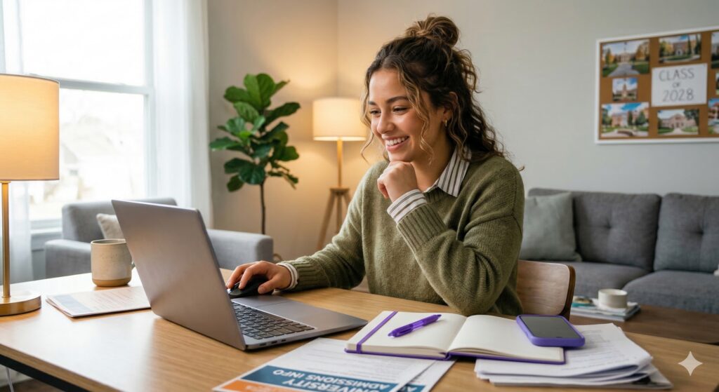 College student smiling at laptop while completing the FAFSA 2025-26 application, with university admissions materials on desk