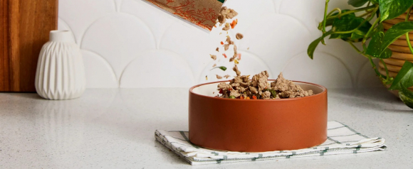 Freshpet Custom Meals Shredded Chicken Recipe being poured into a dog bowl