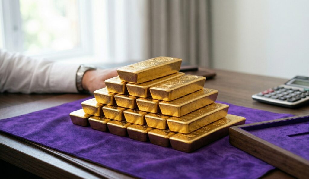 Stack of gold bars arranged in a pyramid on purple velvet cloth on a wooden desk with a calculator nearby