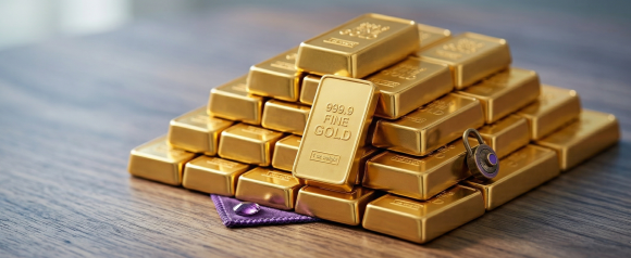 Stack of 999.9 fine gold bars stamped with one-ounce weight arranged in a pyramid on a wooden surface next to a small padlock