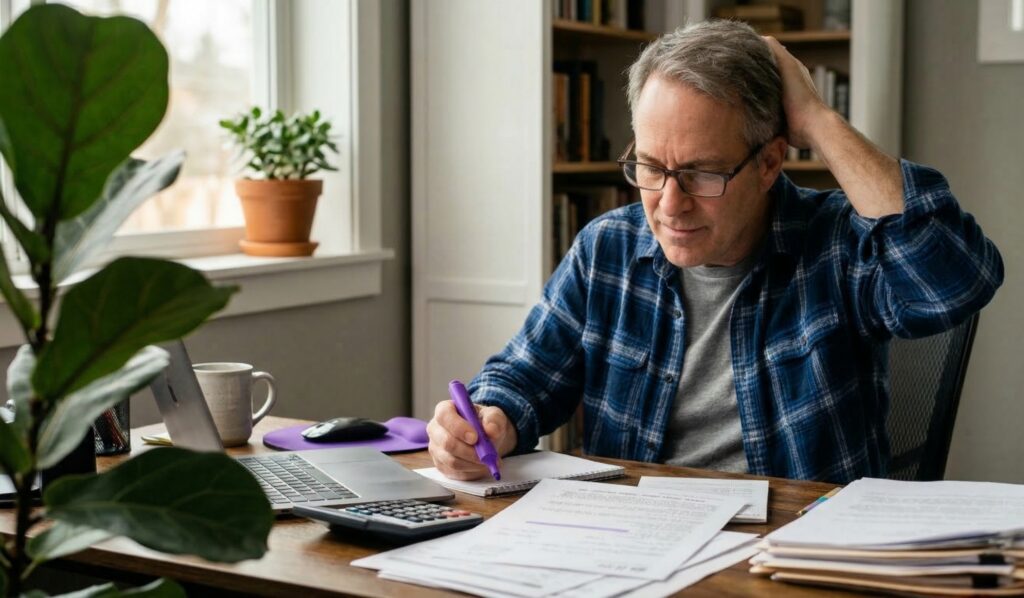 Man reviewing IRS tax transcript documents at home desk, trying to understand IRS Code 150