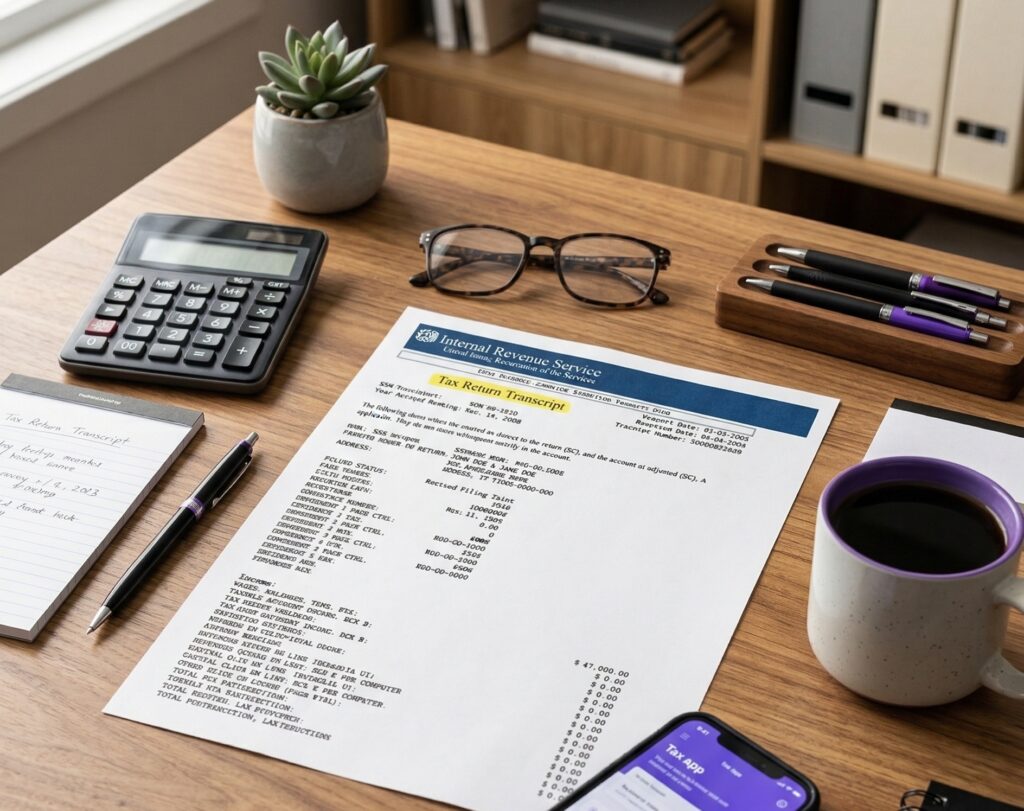 IRS Tax Return Transcript document on desk alongside calculator, glasses, and Tax App on phone, showing how to read your tax transcript