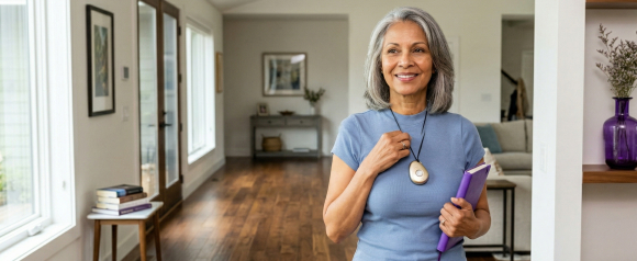 Smiling older woman with gray hair wearing a LifeFone medical alert pendant necklace while holding a book in her bright, modern home