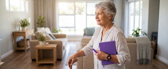 Senior woman standing in a bright living room with a cane, wearing a Medical Care Alert smartwatch and holding a purple notebook