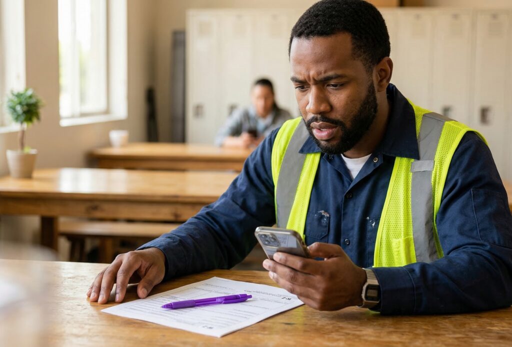 Construction worker in safety vest looking at phone with confused expression while reviewing W-2 tax form on break room table