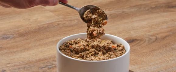 Spoon scooping Open Farm wet dog food into a white ceramic bowl showing real meat and vegetable ingredients