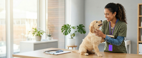 Smiling veterinarian in green scrubs gently holding a golden retriever puppy on an exam table at a bright veterinary clinic