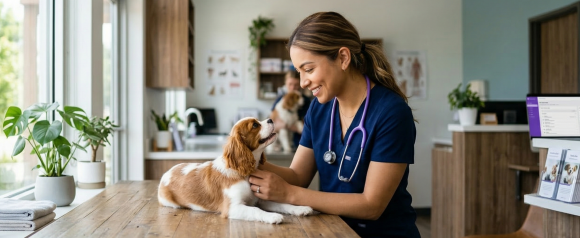 Veterinarian examining a Cavalier King Charles Spaniel at a clinic, covered by Haven pet insurance