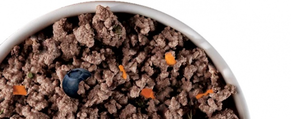 Close-up of a Raised Right fresh dog food bowl with ground meat, blueberries, and carrots