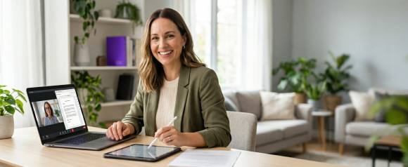 Smiling woman in green blazer completing a remote online notary session on a laptop while signing documents with a stylus at her home desk