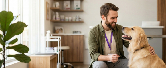 Veterinarian smiling and petting a Golden Retriever during a checkup at a veterinary clinic covered by Spot Pet Insurance