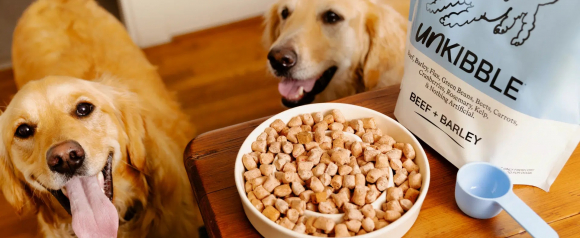 Two golden retrievers eagerly waiting beside a bowl of Spot & Tango UnKibble Beef and Barley dog food